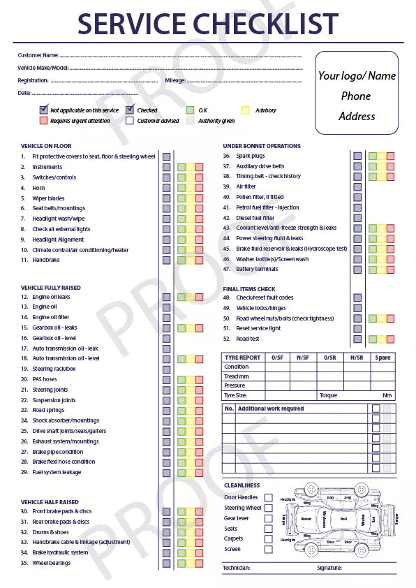 Vehicle service A4 duplicate pad checklist Used car service inc your details