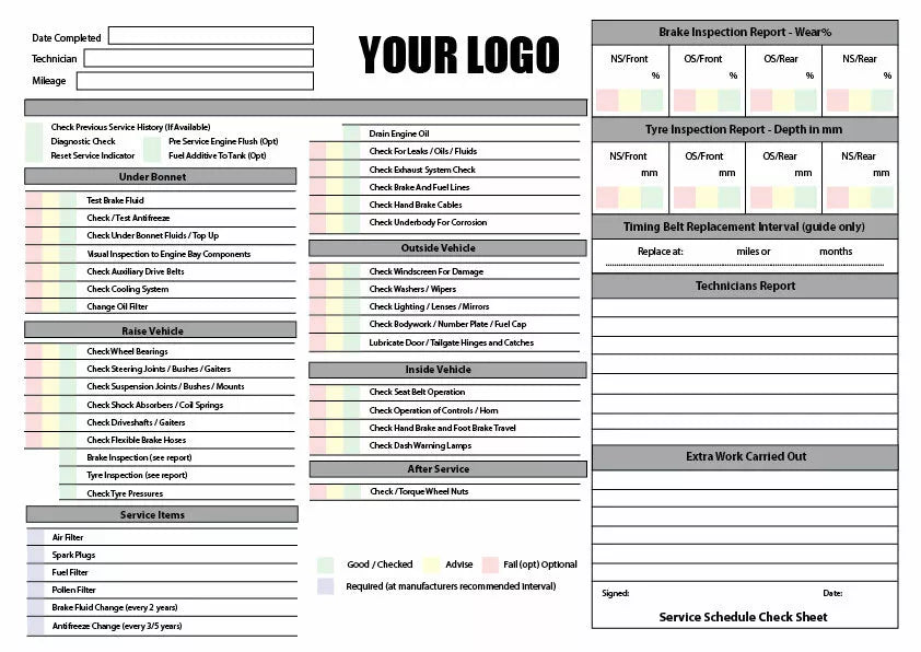 Vehicle service A4 duplicate pad checklist Used car service inc your details