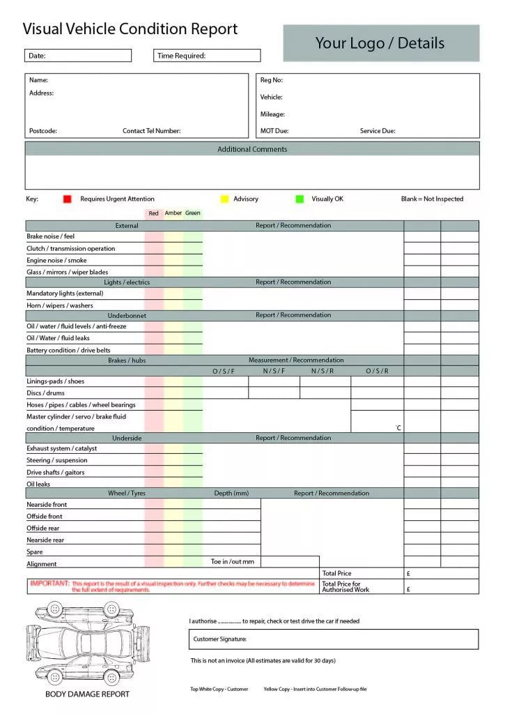 Vehicle inspection A4 duplicate pad checklist Used car service inc your details