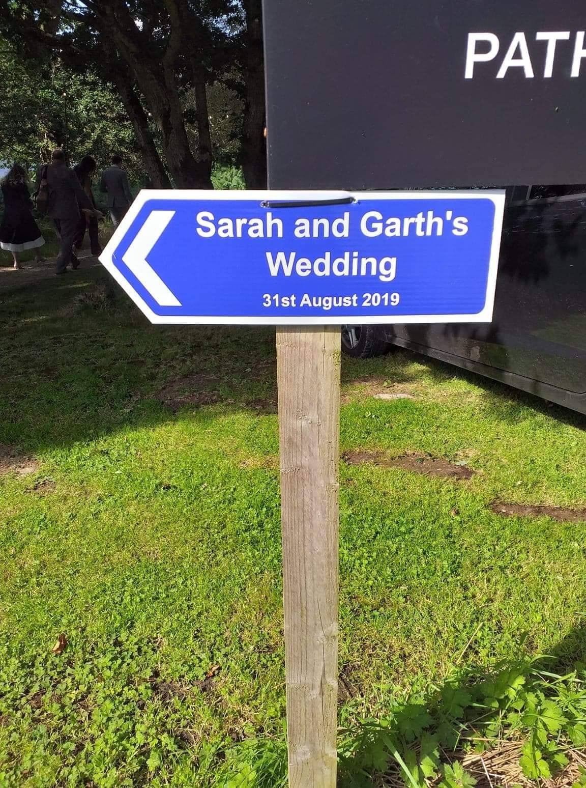 Large Personalised Wedding Direction Sign, Road Sign names, event & date Corrugated Plastics - Bangor Signage, Print & Embroidery