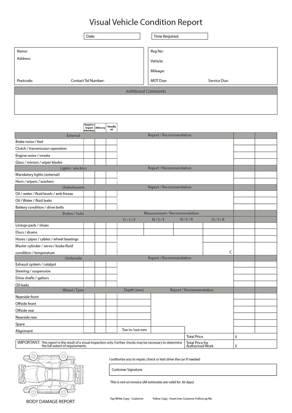 Vehicle inspection A4 duplicate pad checklist Used car service mot diagnostics