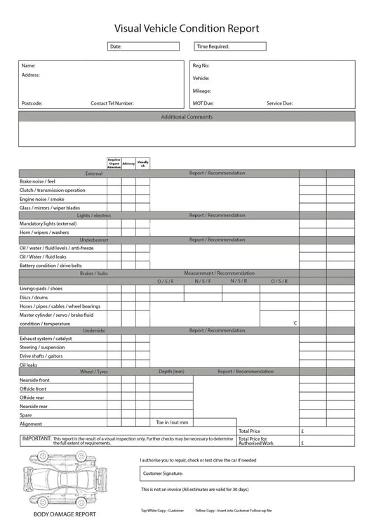 Vehicle inspection A4 duplicate pad checklist Used car service mot diagnostics