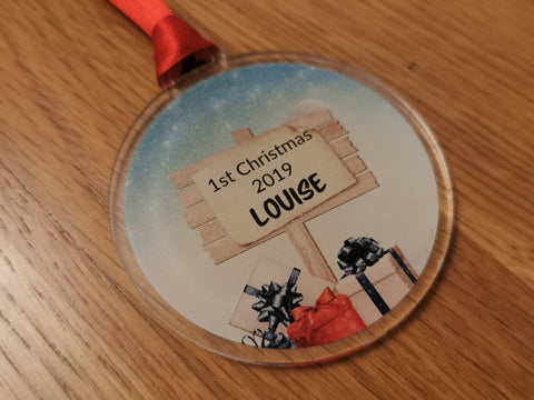 Personalised 1st Christmas bauble tree decoration. Personalised name. - Bangor Signage, Print & Embroidery