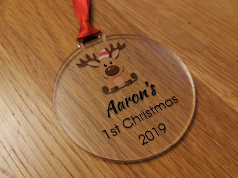 Personalised name 1st Christmas. Baby, new born reindeer acrylic bauble - Bangor Signage, Print & Embroidery