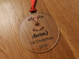Personalised name 1st Christmas. Baby, new born reindeer acrylic bauble - Bangor Signage, Print & Embroidery
