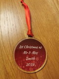Personalised name 1st Christmas. Newly wed, married Mr and Mrs acrylic bauble - Bangor Signage, Print & Embroidery