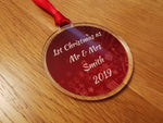 Personalised name 1st Christmas. Newly wed, married Mr and Mrs acrylic bauble - Bangor Signage, Print & Embroidery