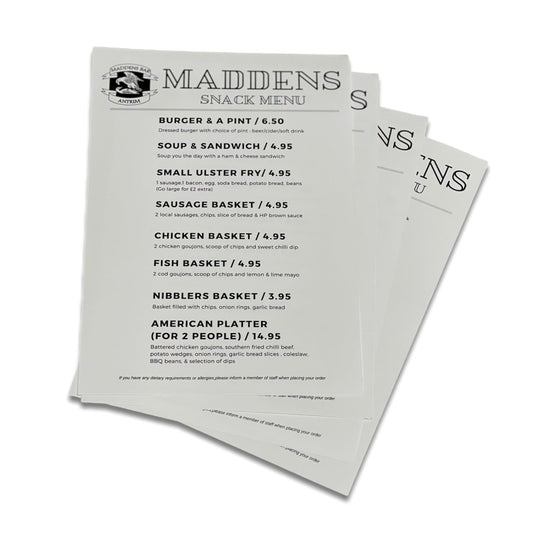 Single Use Restaurant Menus - Bangor Signage, Print & Embroidery